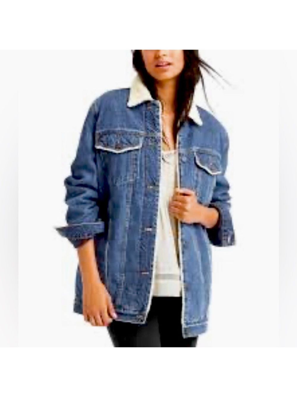 Top Shop Denim Long Coat With Faux Sherpa at collar